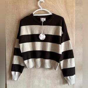 NWT Pink Republic Striped Crewneck Sweater Brown/ Latte Wide Sleeve Sz S